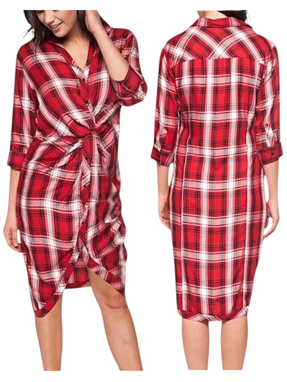 Zara Premium Denim Collection Red White Plaid Twist Knot Button Midi Dress S